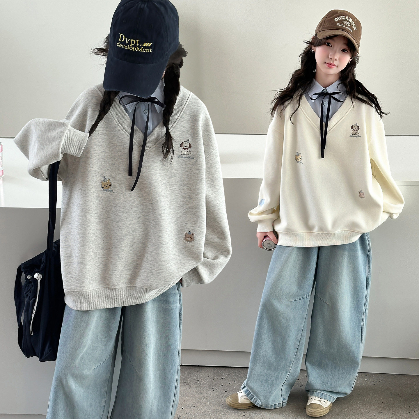 女童春装卫衣2026新款儿童春季学院风中大童假两件春秋翻领上衣潮