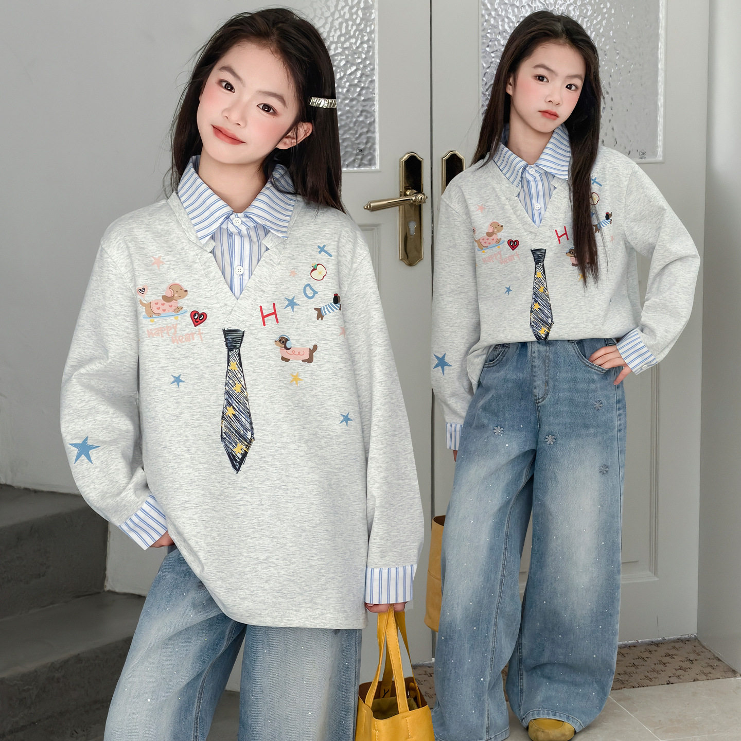 跨境女童春装上衣2026新款儿童拼接翻领学院风中大童假两件卫衣潮