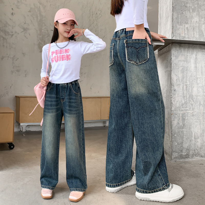 女童裤子秋装儿童牛仔裤女孩2025新款春秋季大童宽松直筒休闲长裤