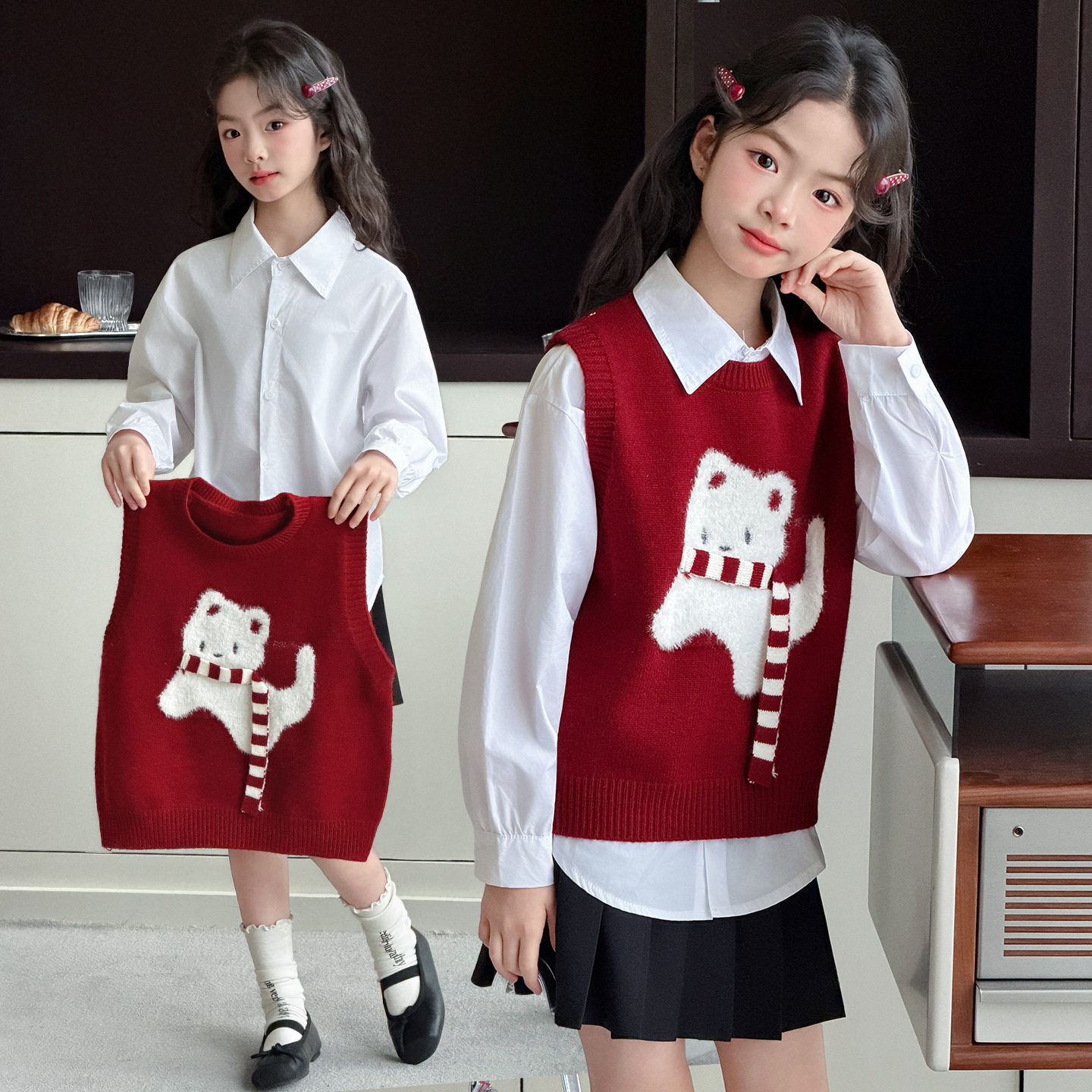 春季女童毛衣2026新款大儿童红色圆领马甲女孩小狗提花针织衫套装