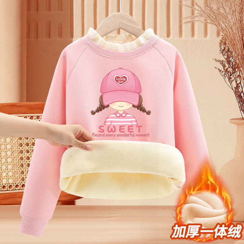 秋冬季新款女童加绒卫衣木耳领插肩袖上衣加厚保暖内搭打底衫