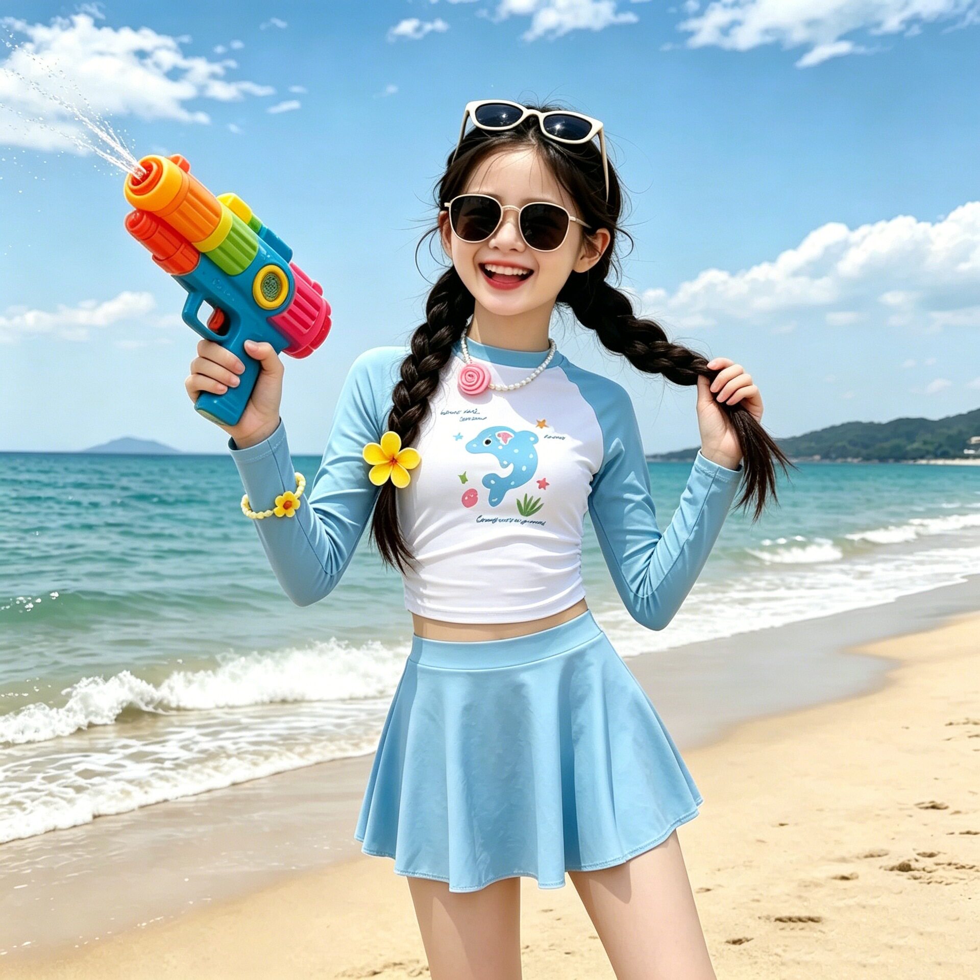 女童夏装泳衣套装儿童装女孩度假风游泳装中大童休闲卡通印花泳衣