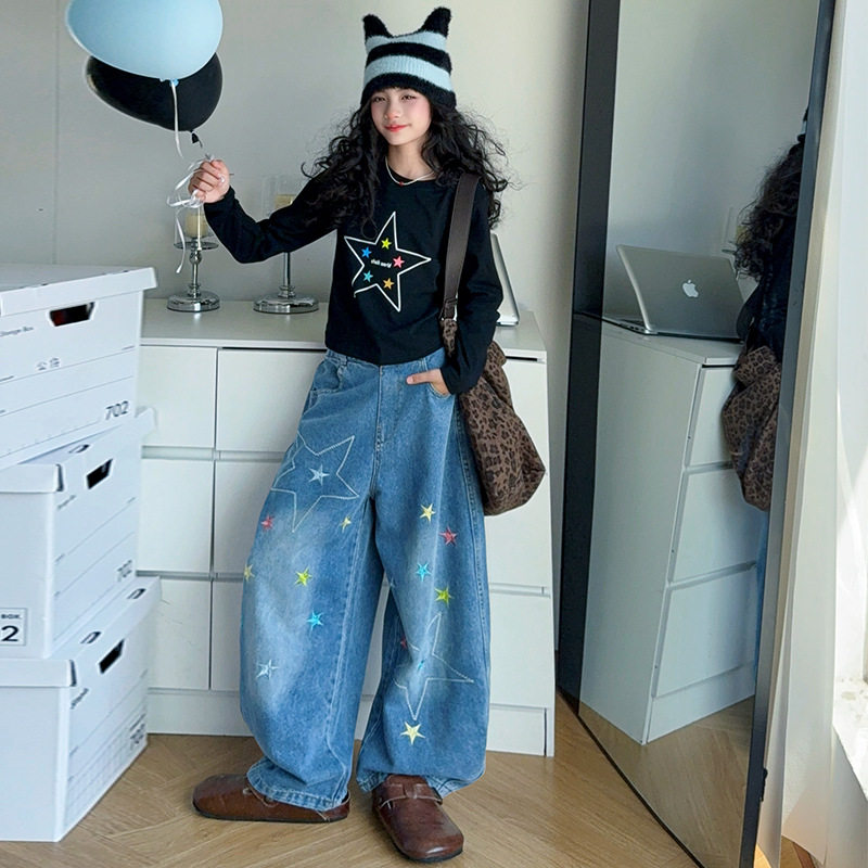 女童秋季套装洋气绣花五角星宽松牛仔老爹裤中大童女孩短款打底衫
