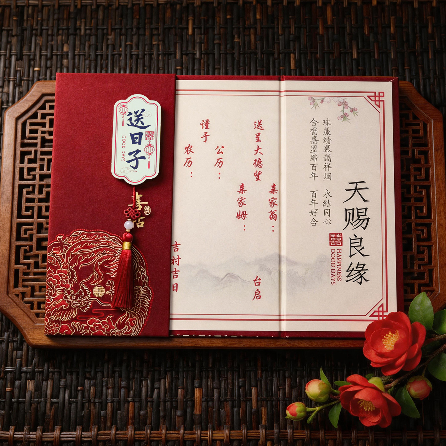 送日子喜帖结婚男方送日子书订婚送好下书喜帖手写高级感折页硬壳
