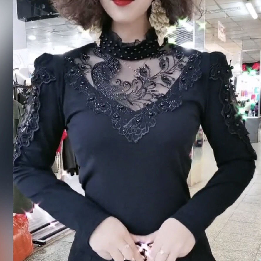 秋冬纯棉拼接蕾丝钉珠镶钻半高领透视肩洋气性感打底衫女修身显瘦