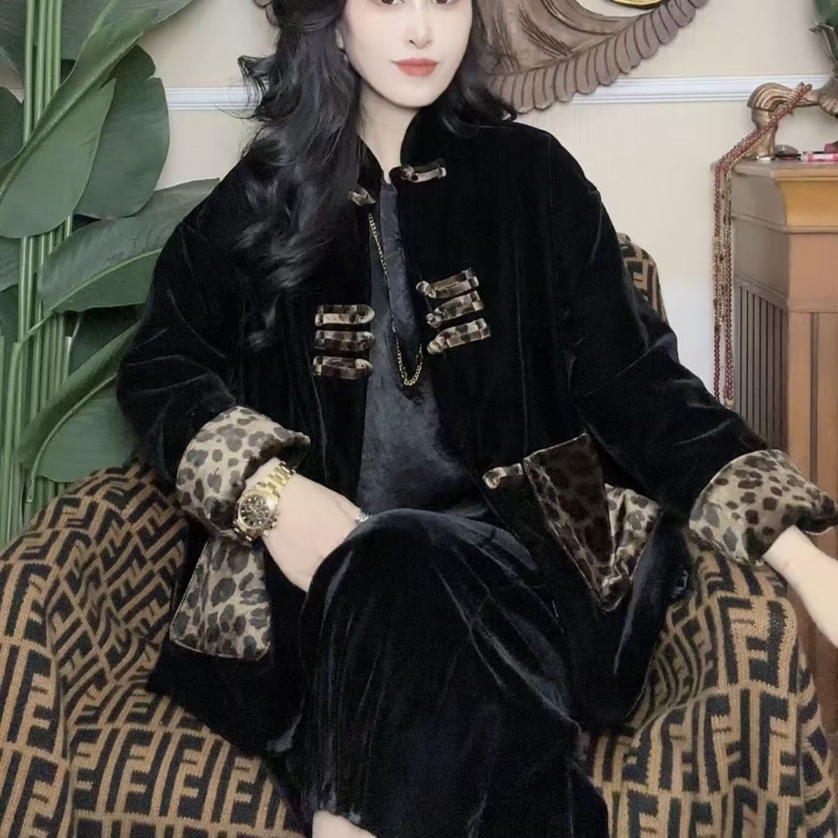 高档新中式丝绒拼接豹纹加棉外套女冬季保暖宽松显瘦洋气唐装棉衣