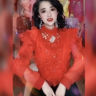 秋冬爆款 中国红复古宫廷风蕾丝花边镶钻仙女衫 显瘦遮肉飞飞蝴蝶袖
