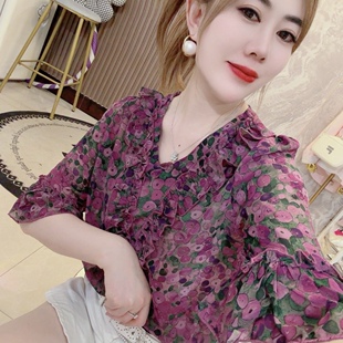 出游季中袖碎花雪纺衫上衣女夏季爆款宽松显瘦遮肚子轻薄超仙洋气
