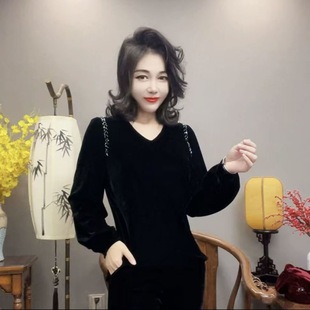 灯笼袖镶钻时尚修身显瘦洋气长袖上衣女秋季爆款高级感丝绒打底衫