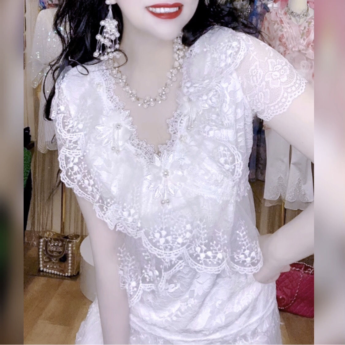 V领小香风短袖钉珠镶钻蕾丝衫女