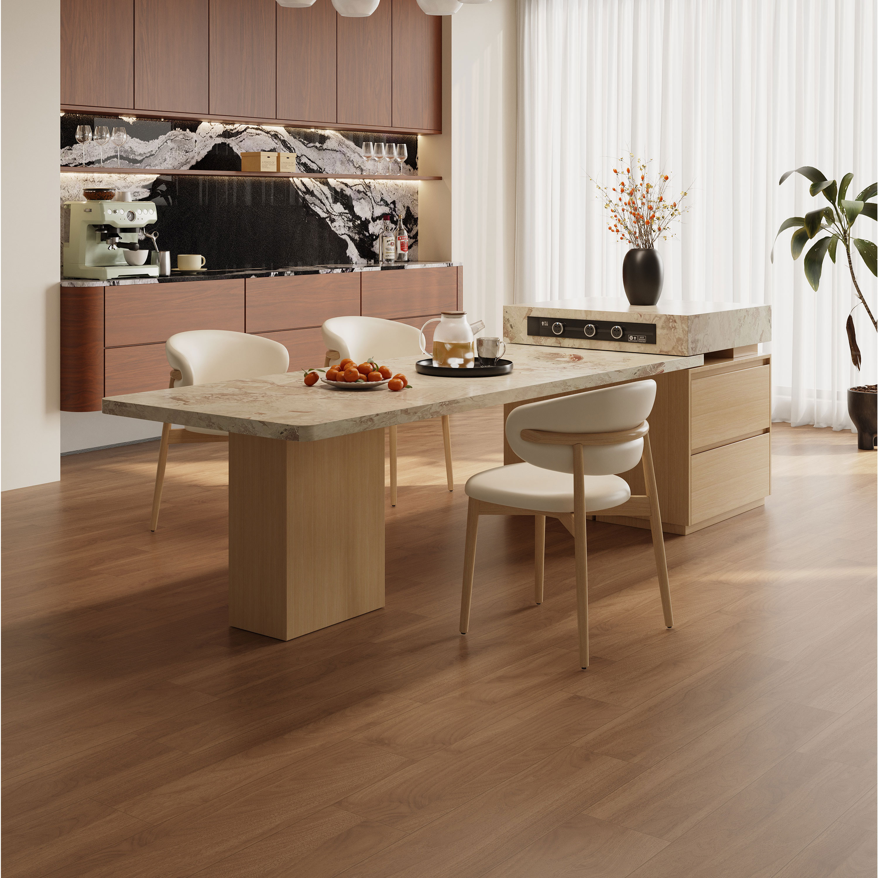 原木风岛台餐桌伸缩一体