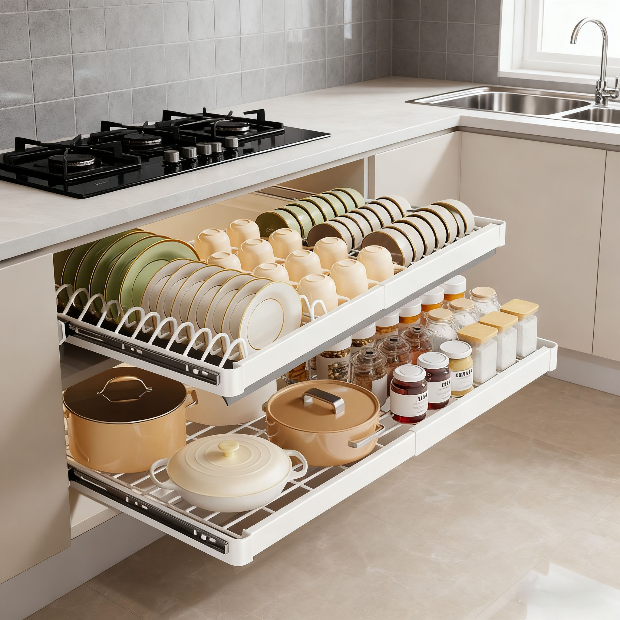 尔沫不锈钢多功能免打孔伸缩拉篮