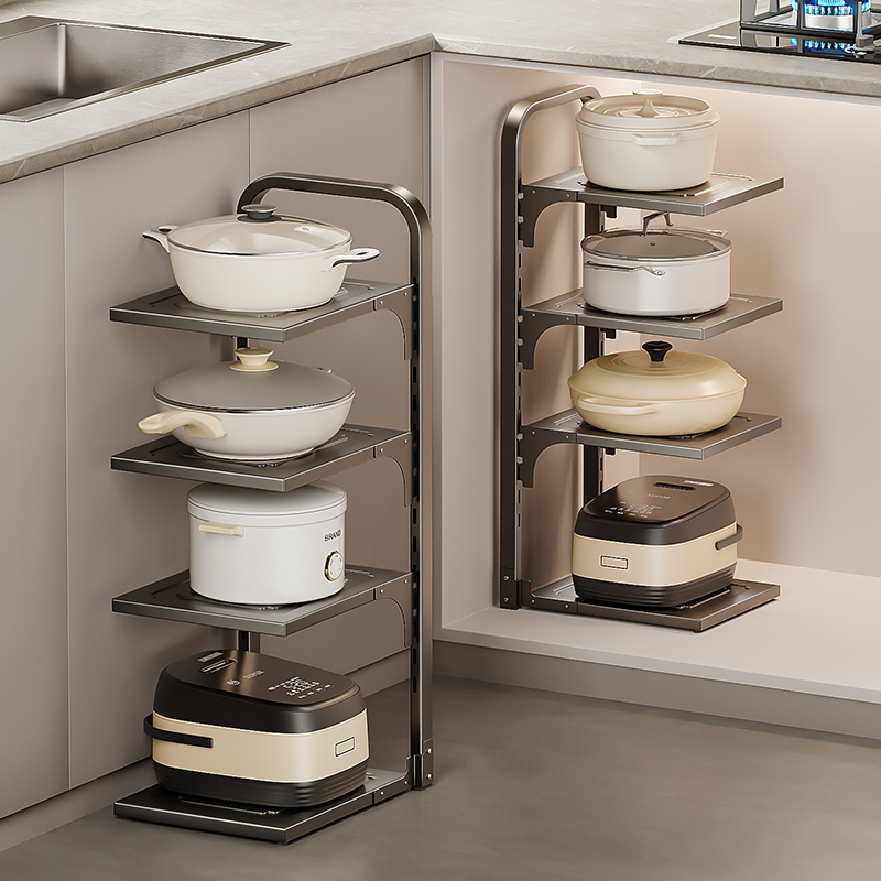枪灰厨房落地置物架家用多功能锅具收纳架多层橱柜灶台分层放锅架
