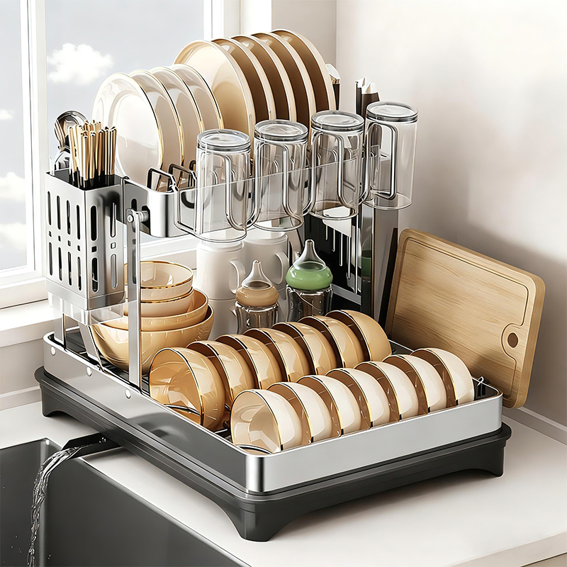 折叠免安装不锈钢双层碗碟收纳架
