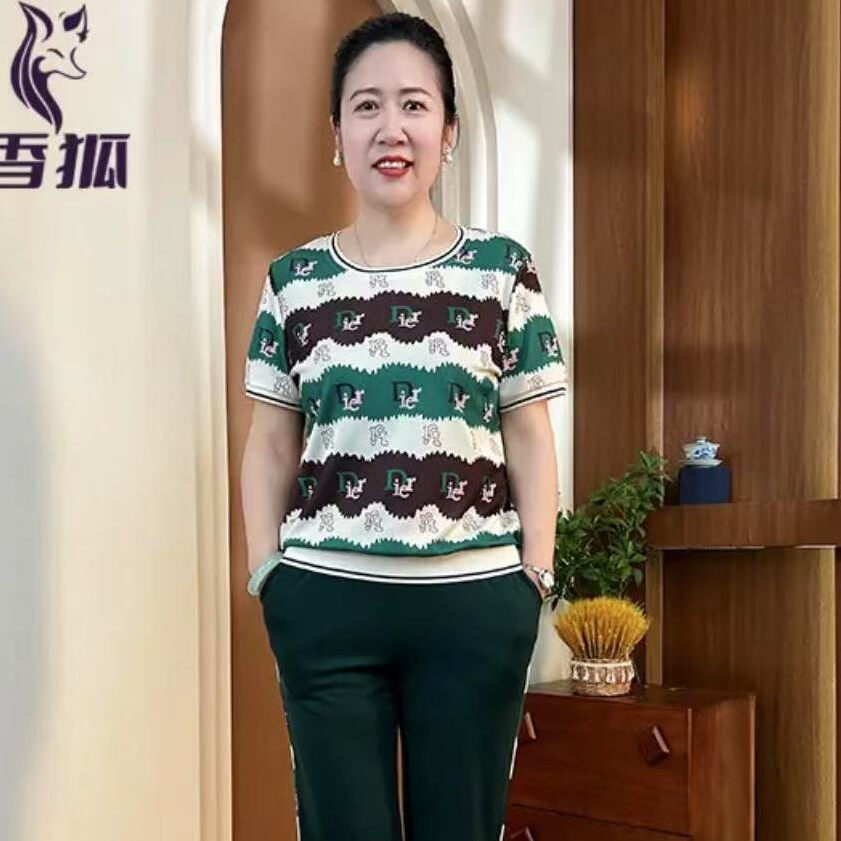 妈妈夏装宽松大码短袖套装2025夏季新款中老年休闲减龄薄款两件套