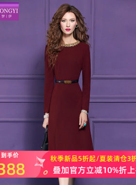 菲梦伊原创钉珠红色连衣裙女冬季高端轻熟风优雅气质中长款大摆裙