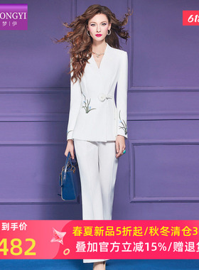 菲梦伊原创绣花白色西装套装女春季干练通勤商务正装外套喇叭裤子