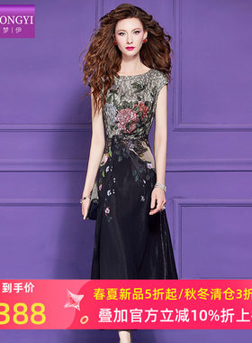 菲梦伊黑色印花连衣裙女夏装复古轻熟褶皱修身气质女神范无袖裙子