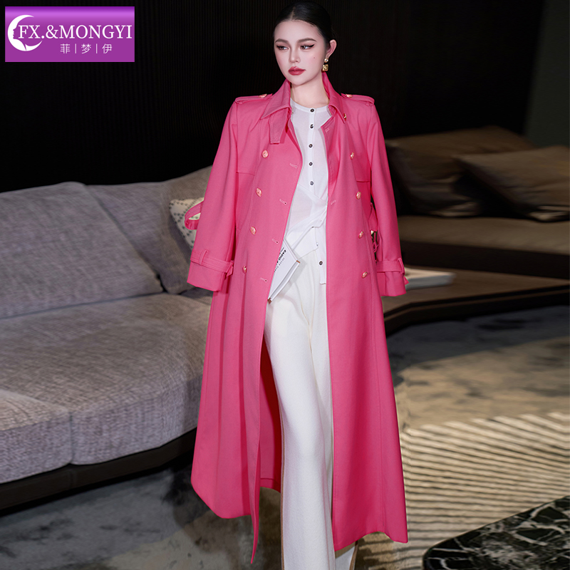菲梦伊玫粉色翻领双排扣大衣女冬季高级感时尚休闲中长款风衣外套