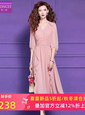 菲梦伊荷叶边超仙连衣裙女夏季淑女时尚减龄收腰V领海边度假长裙