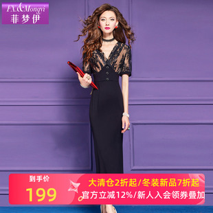 菲梦伊蕾丝黑色连衣裙女短袖 高级感名媛性感收腰V领包臀裙子 夏装