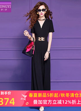 菲梦伊黑色西装连体裤女夏季垂感高腰通勤气质V领收腰职业阔腿裤