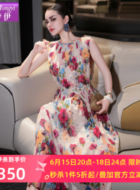 菲梦伊红色印花背心连衣裙女无袖夏季复古高级感时尚系带度假长裙