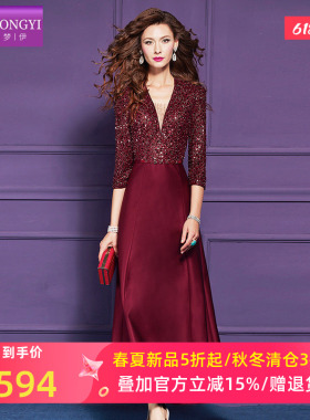 菲梦伊钉珠亮片红色连衣裙女冬季轻熟名媛本命年中长款礼服敬酒服