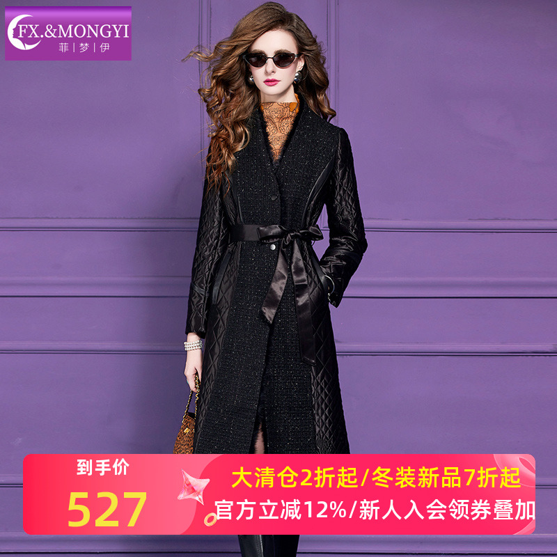 菲梦伊水貂毛领拼接羊毛大衣女冬季设计感收腰气质中长款毛呢外套