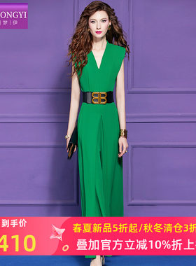 菲梦伊绿色西装连体裤女夏季垂感高腰通勤收腰V领职业阔腿长裤子