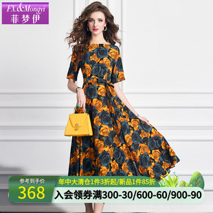 一字领独特绝美收腰阔太太海边长裙 菲梦伊大花朵印花连衣裙女夏季