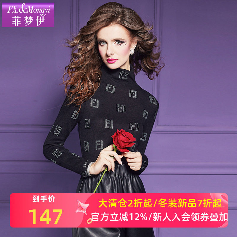 菲梦伊印花黑色高领t恤打底衫女长袖秋季时尚显瘦修身百搭上衣潮,女装/女士精品,毛针织衫,淘宝优惠券,粉丝福利购,淘宝优惠卷
