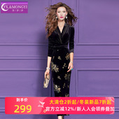 菲梦伊钉珠绣花黑色金丝绒连衣裙女冬季 法式 赫本风性感长裙子礼服