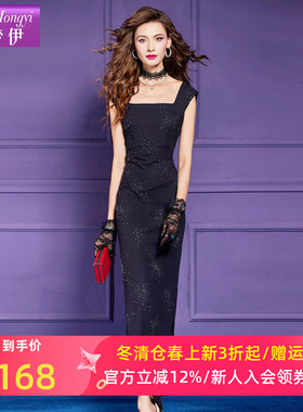 菲梦伊烫钻黑色无袖连衣裙女夏季轻熟高级性感修身方领长裙晚礼服