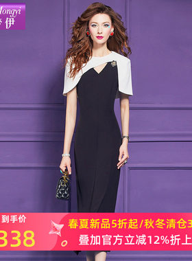 菲梦伊黑白撞色连衣裙女夏装法式高级小众拼接修身晚礼服过膝长裙