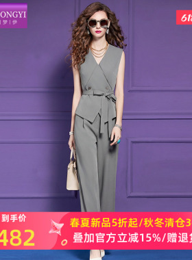 菲梦伊灰色高级感时尚套装女夏季垂感系带无袖西装上衣职业阔腿裤