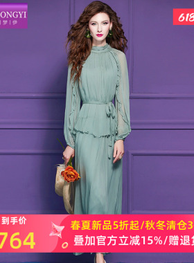 菲梦伊100桑蚕丝绿色连衣裙女夏季高品质轻奢真丝超仙假两件长裙