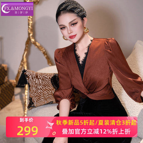 菲梦伊蕾丝边假两件连衣裙女春装法式复古收腰显瘦金丝绒礼服长裙