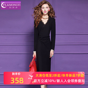 优雅高端褶皱修身 法式 V领裙子 秋装 菲梦伊蕾丝边黑色连衣裙女长袖