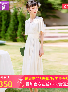 菲梦伊钉珠白色连衣裙女短袖夏装法式独特设计感收腰V领超仙裙子