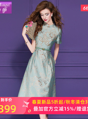 菲梦伊钉珠印花蓝色连衣裙女夏季新中式国风年轻款收腰衬衫中长裙