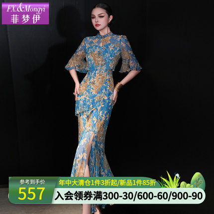 菲梦伊100桑蚕丝印花蓝色连衣裙女夏装新中式国风高端真丝旗袍裙