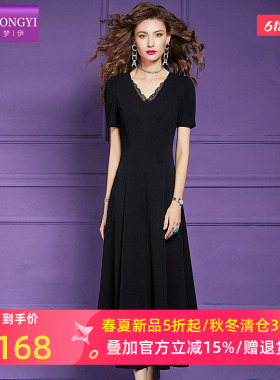 菲梦伊蕾丝边黑色连衣裙女短袖夏季法式高级感赫本收腰V领大摆裙
