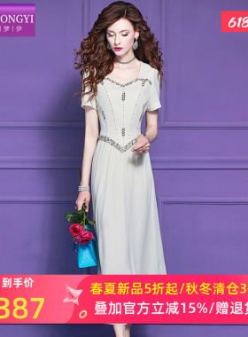 菲梦伊钉珠白色连衣裙女短袖夏季法式轻熟绝美气质高腰方领长裙子