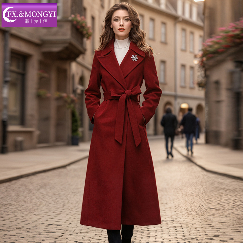 【直播专享】菲梦伊100羊毛西装领毛呢外套女冬季时尚中长款大衣