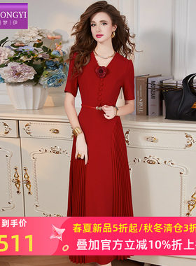 菲梦伊立体花朵连衣裙女短袖夏季设计感优雅绝美收腰V领百褶长裙