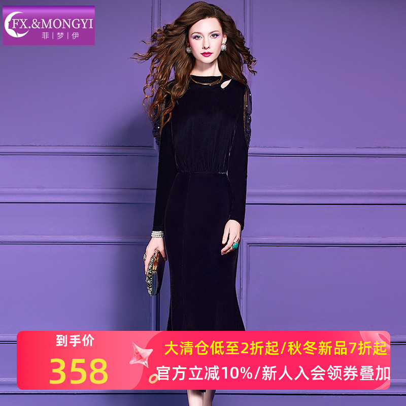 菲梦伊黑色金丝绒连衣裙女秋季法式优雅赫本风收腰显瘦长裙子礼服