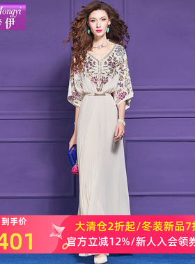 菲梦伊钉珠亮片白色连衣裙女夏装轻熟高级收腰V领海边度假百褶裙