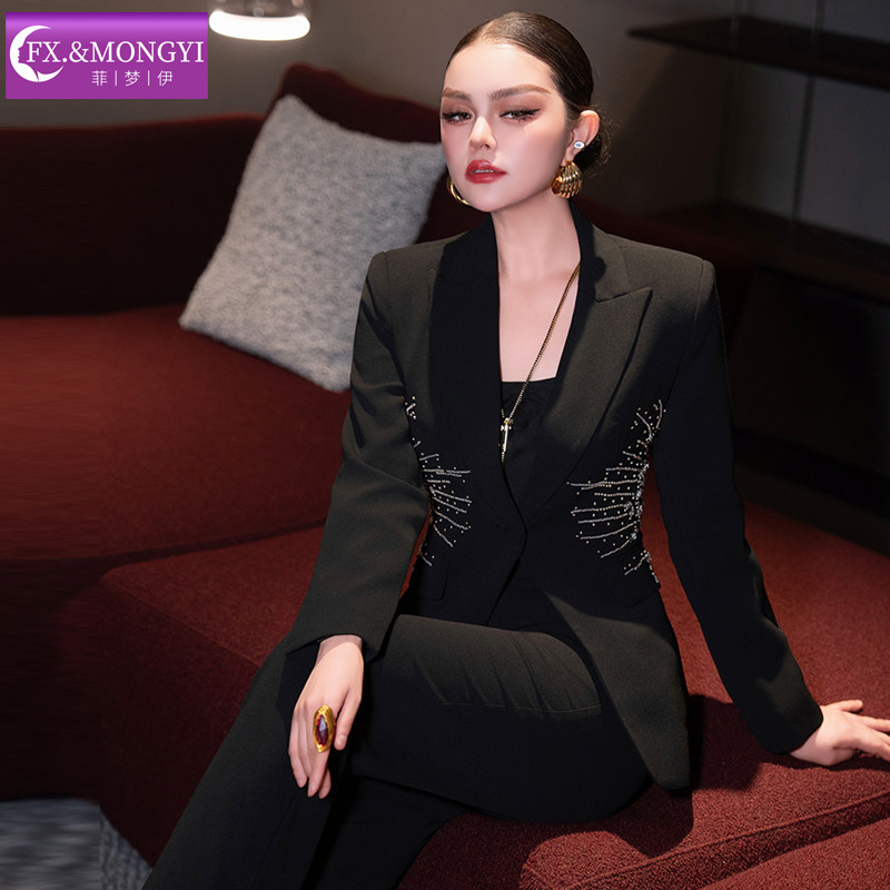 【直播专享】菲梦伊钉珠黑色西装套装女秋季轻奢职业上衣休闲裤子,女装/女士精品,时尚套装,淘宝优惠券,粉丝福利购,淘宝优惠卷