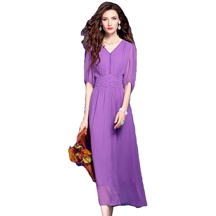 菲梦伊钉珠连衣裙女中袖夏季轻薄透气时尚收腰V领海边度假长裙子